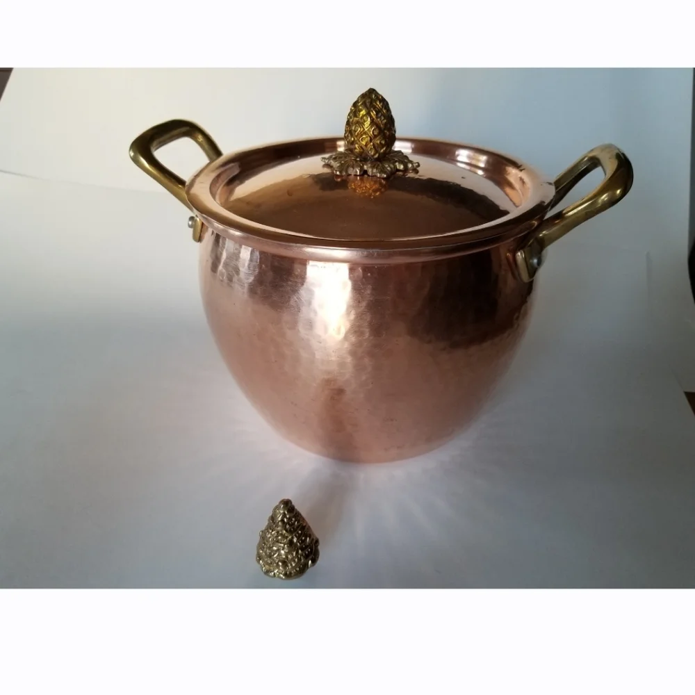 Hammered Copper Stock Pot with Brass Handles and Pineapple Finial